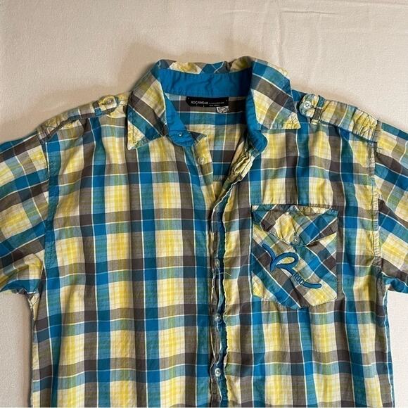 Rocawear Plaid Short Sleeve Button Down Shirt Boys Size 14 yellow blue - Picture 2 of 9